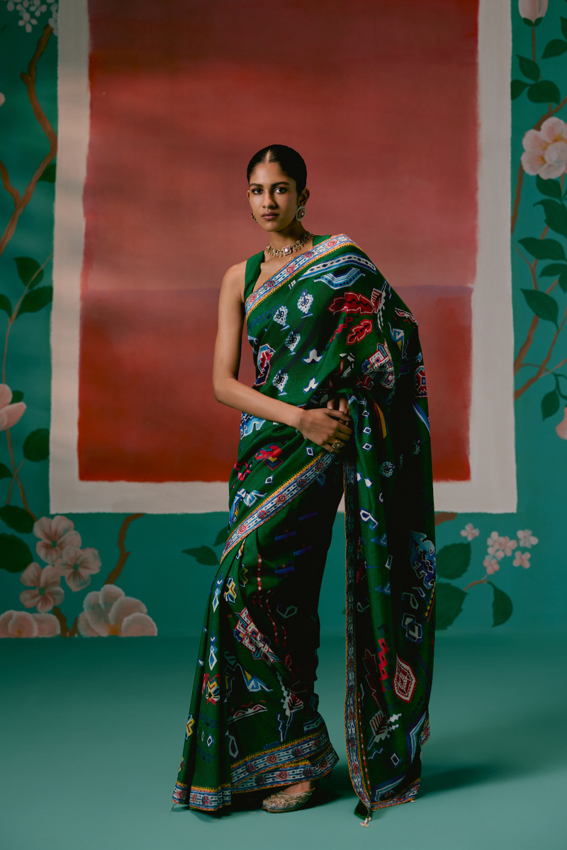 Emerald Aztec Saree Buy Emerald Aztec Saree from C&W | Saree for Women by Label Mogra in green color for women in Singapore