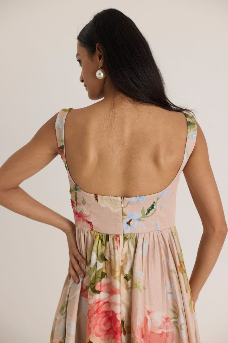 HAZEL EMBROIDERED DRESS satin by Yam in pink color for women in Singapore