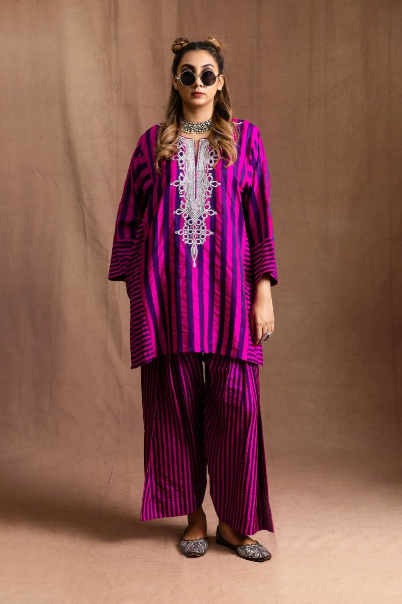 Silk Striped Farshi-Pink & Purple Stripes Pure Silk Kurta Set Sabo by Sabina — Canvas & Weaves Singapore