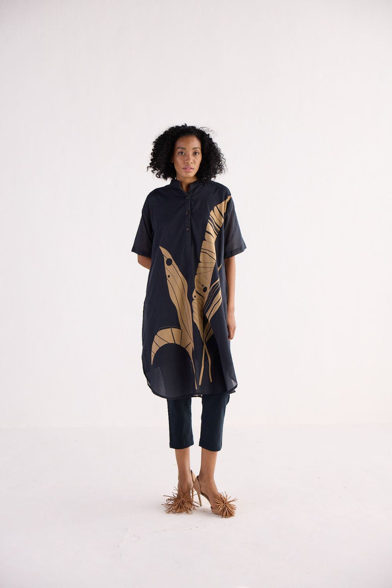 SHADOW LEAF KURTA SET cotton by Khara Kapas in charcoal for women in Singapore