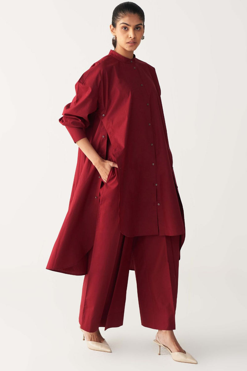 SIDE BUTTON TUNIC-MADDER RED poplin by THREE in red color for women in Singapore