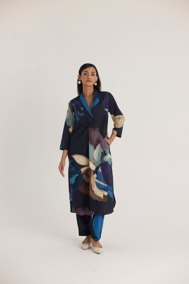 ROCCO SHAWL COLLAR KURTA SET cotton by Yam in black color for women in Singapore