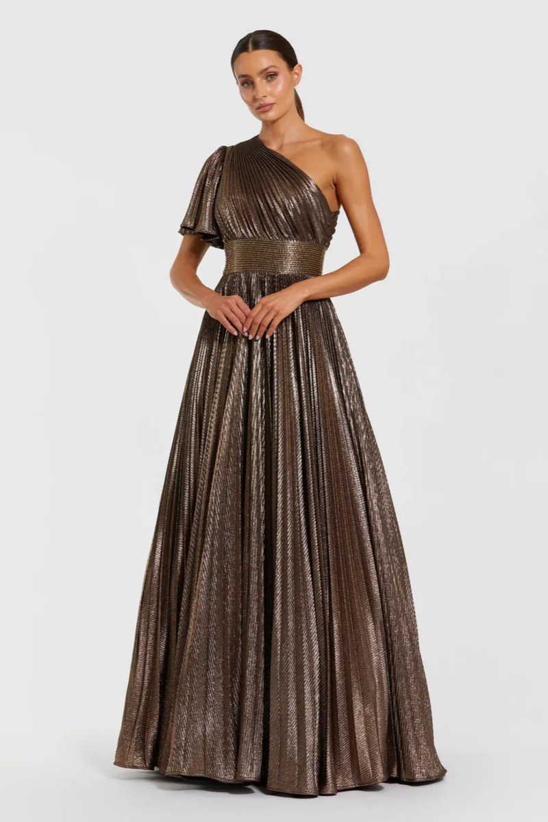 Brown One Shoulder Pleated Metallic Ball Gown by Mac Duggal for women in Singapore