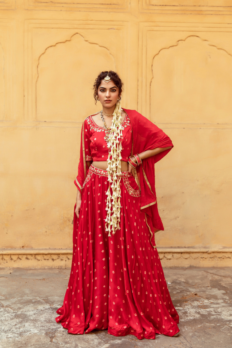 Red & White Bandhej Print Lehenga Set satin Buy Red & White Bandhej Print Lehenga Set from C&W | Lehenga Sets for Women by Maison Shefali in multi color for women in Singapore