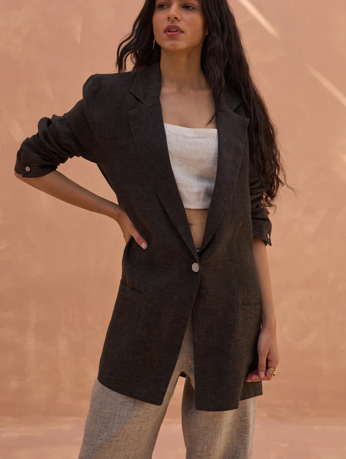 Maya Linen Dress with Jacket-Charcoal linen by Manan in charcoal color for women in Singapore