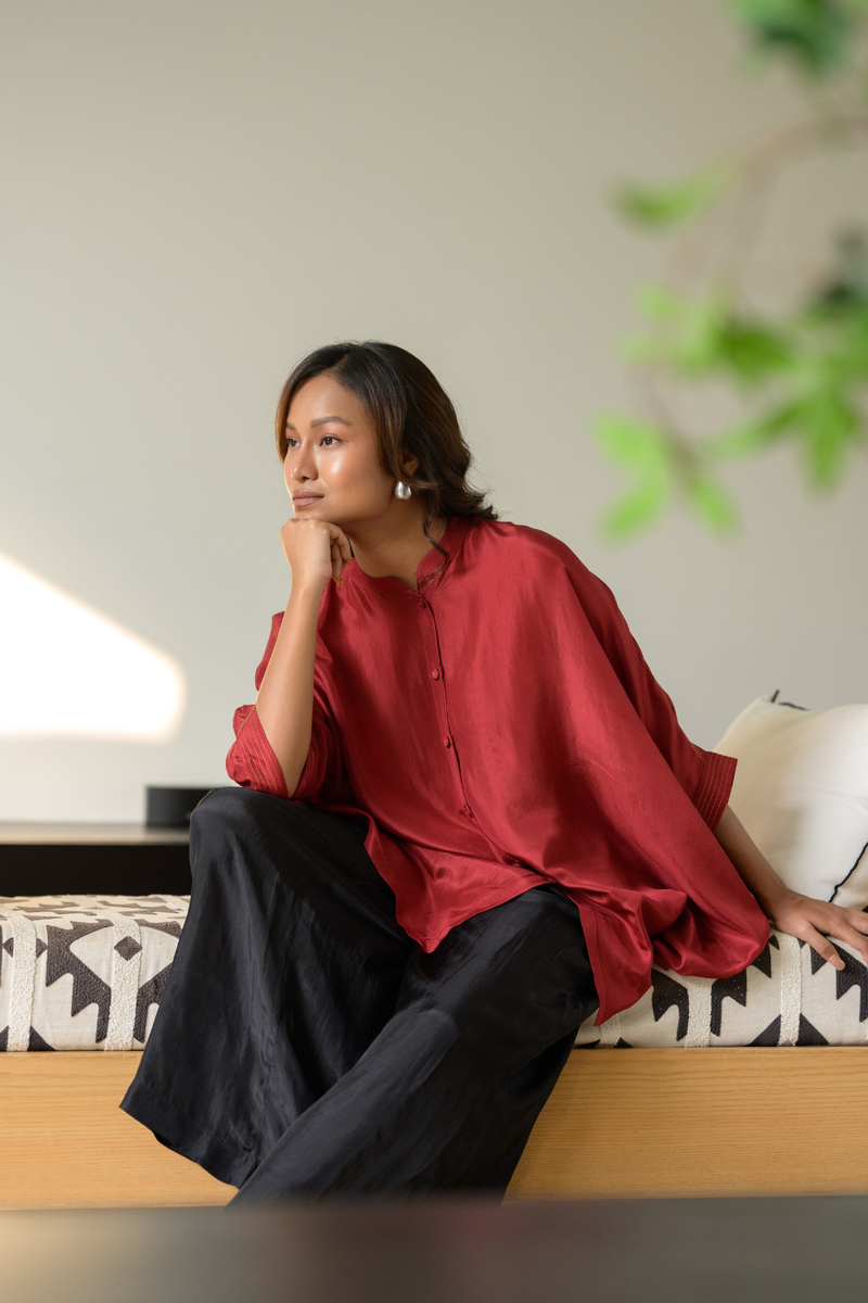 Ruby Kaftan Top silk top/shirt by Zanzibar Living in ruby red for women in Singapore