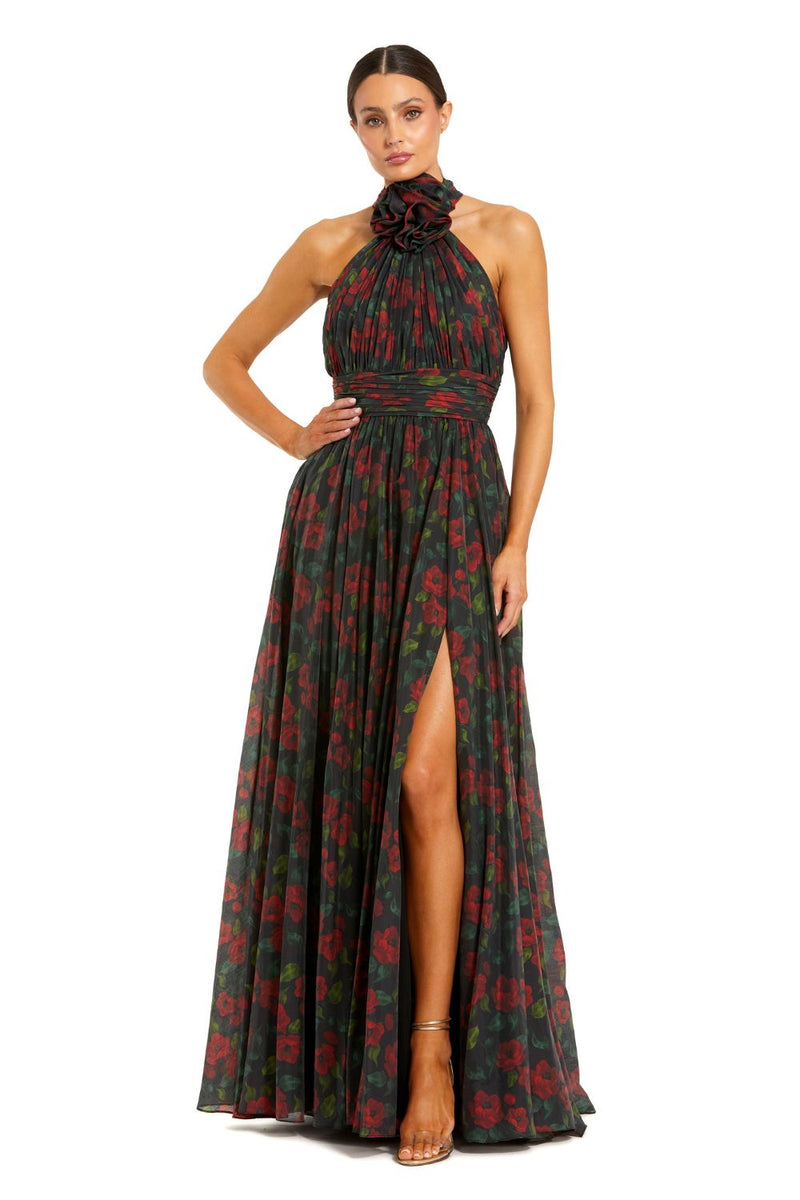 27692-Black Floral Print Halter Neck Gown with Rosette Detail chiffon by Mac Duggal in multi color for women in Singapore