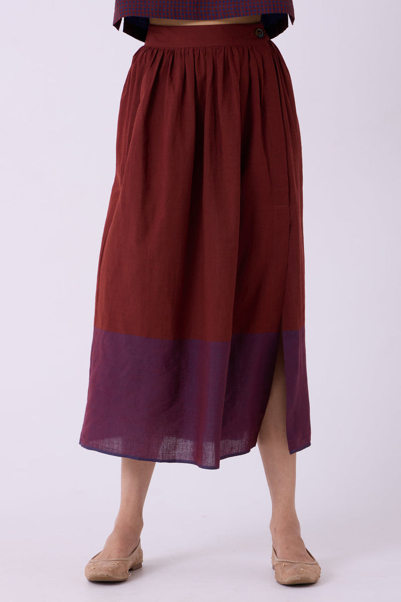 Fuwari Brown Colourblocked Handwoven Midi Skirt handwoven cotton skirt by The Summer House in brown for women in Singapore
