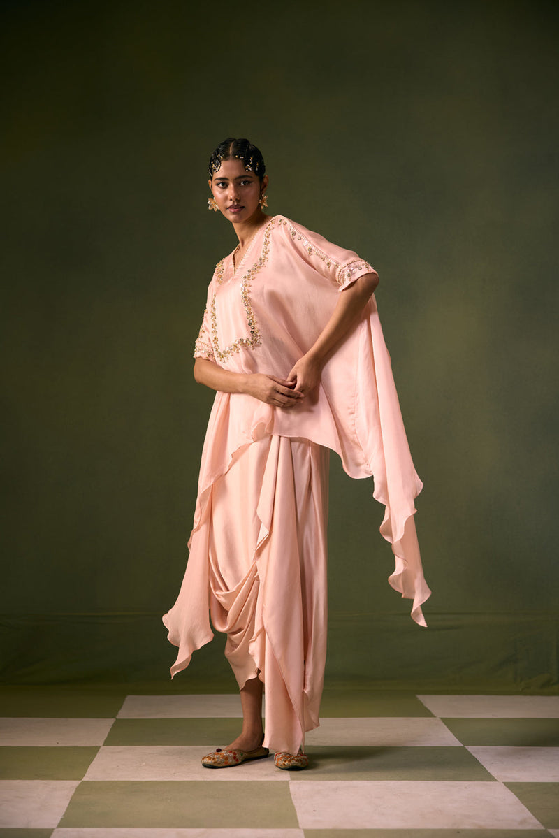 Cove Lite Antifit Asymmetric Top & Cowl Skirt satin, organza satin indo-western by PRAHNAAYA in pink for women in Singapore