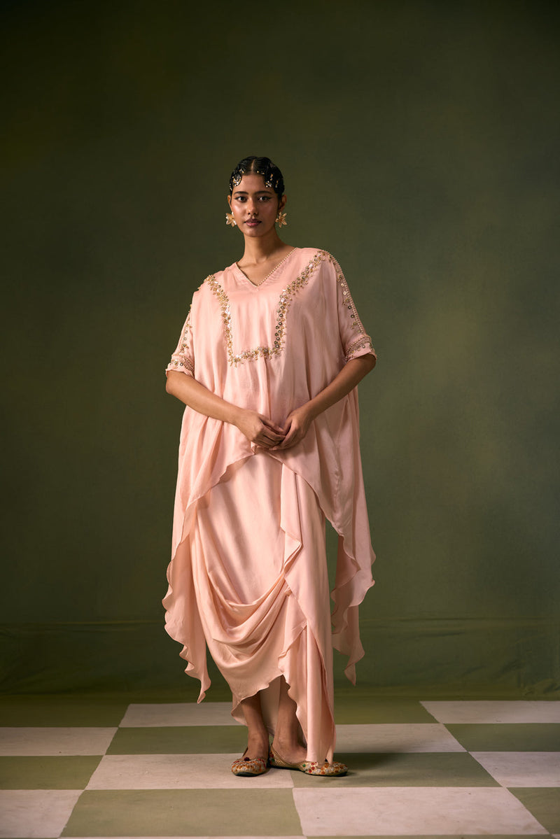 Cove Lite Antifit Asymmetric Top & Cowl Skirt satin, organza satin indo-western by PRAHNAAYA in pink for women in Singapore