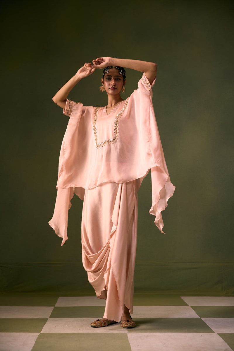 Cove Lite Antifit Asymmetric Top & Cowl Skirt satin, organza satin indo-western by PRAHNAAYA in pink for women in Singapore