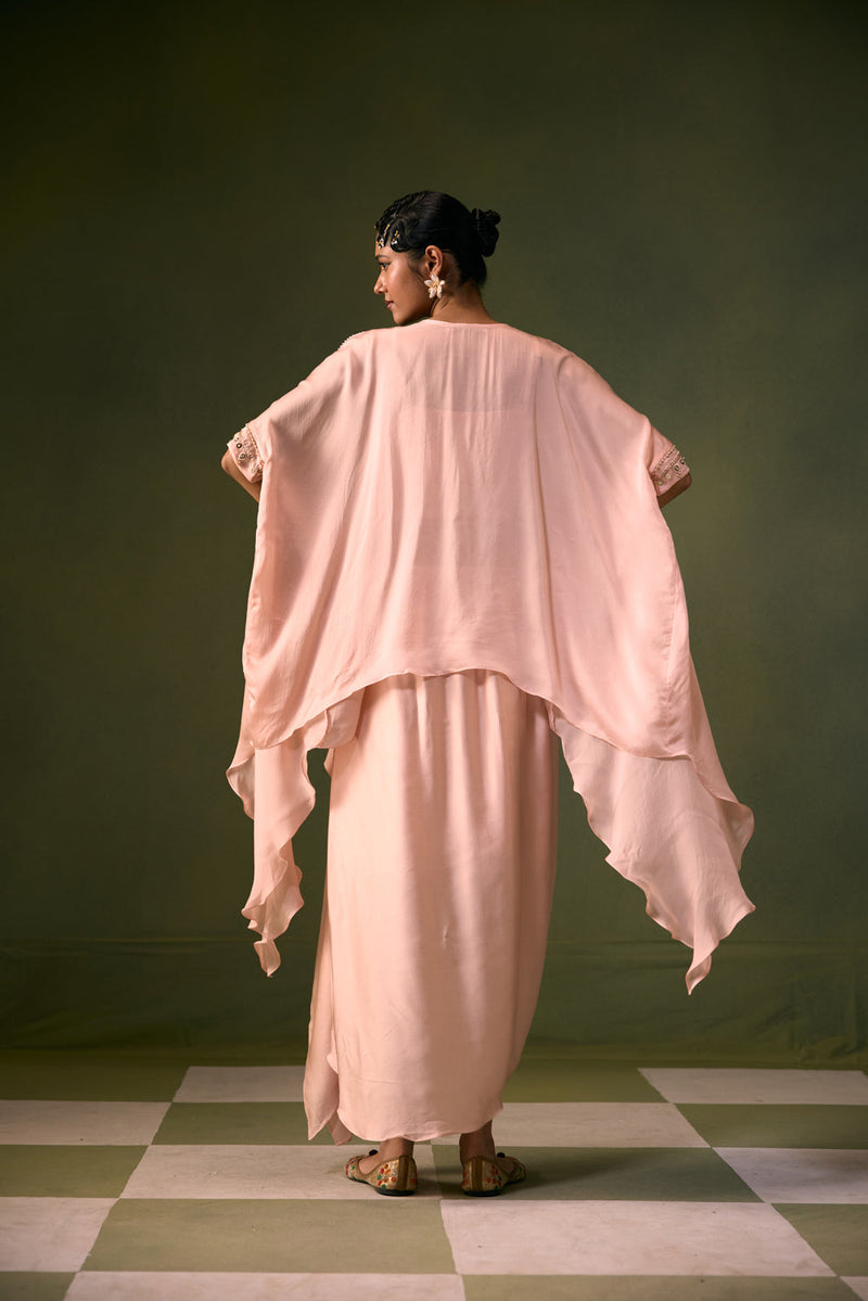 Cove Lite Antifit Asymmetric Top & Cowl Skirt satin, organza satin indo-western by PRAHNAAYA in pink for women in Singapore