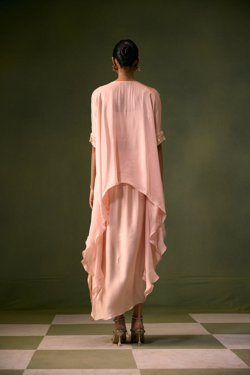 Cove Lite Antifit Asymmetric Top & Cowl Skirt satin, organza satin indo-western by PRAHNAAYA in pink for women in Singapore