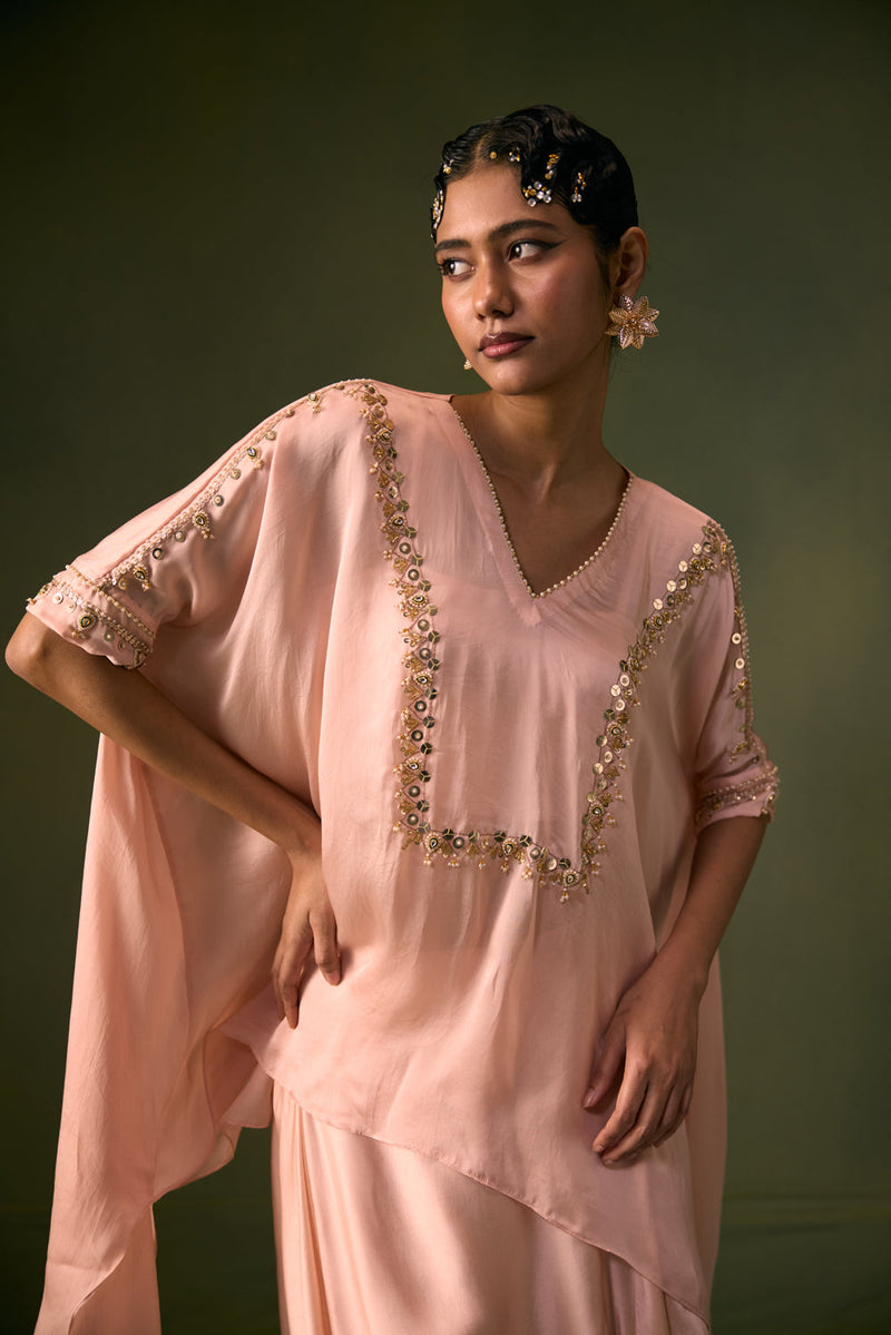 Cove Lite Antifit Asymmetric Top & Cowl Skirt satin, organza satin indo-western by PRAHNAAYA in pink for women in Singapore
