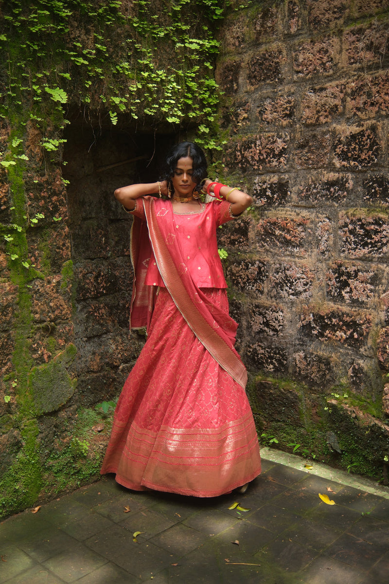 Khumar Lehenga Choli brocade lehenga sets by Myoho in red for women in Singapore
