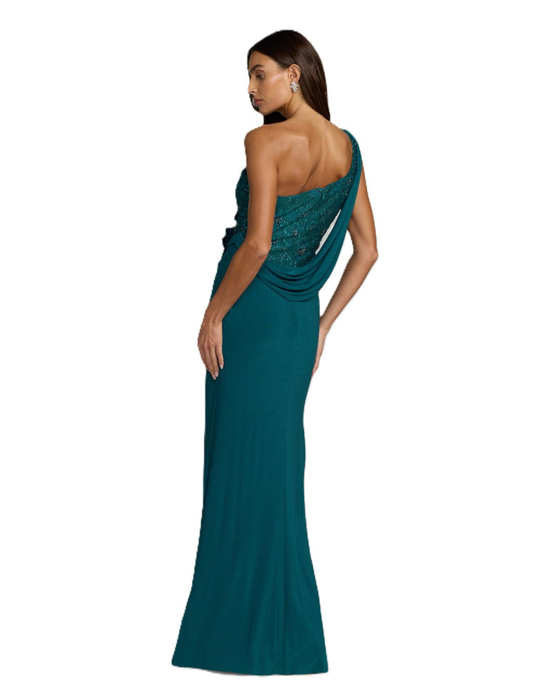 13210 - Teal One Shoulder Draped Jersey Gown With 3D Flowers by Mac Duggal in green color for women in Singapore