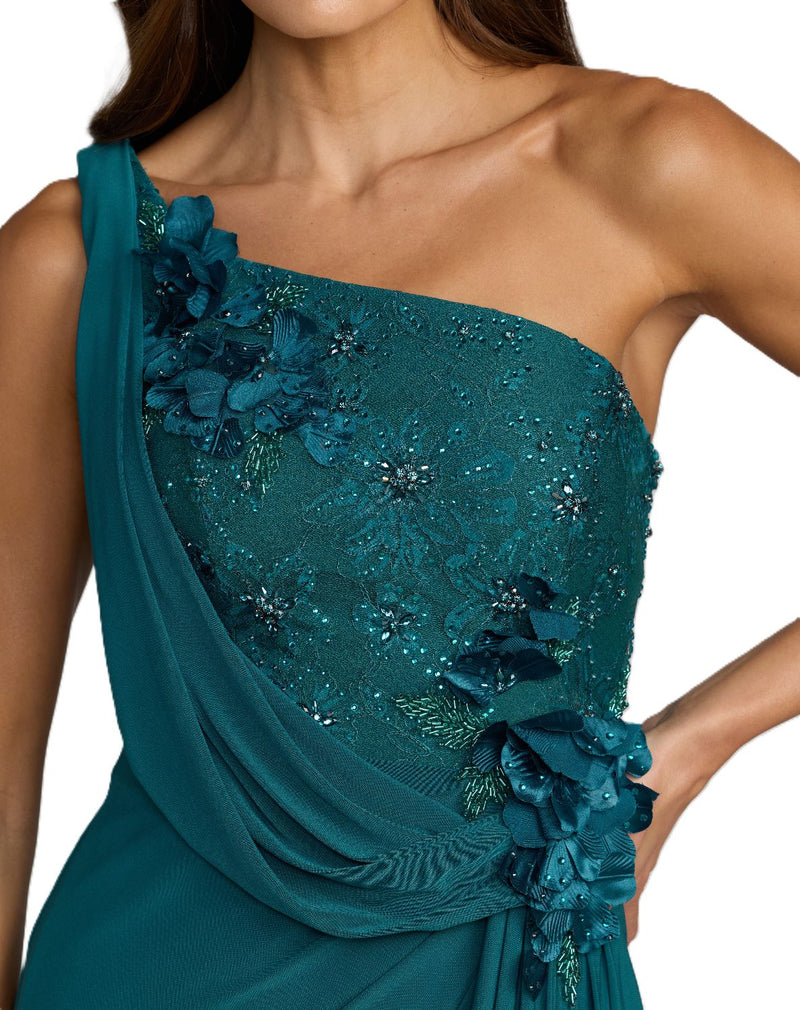13210 - Teal One Shoulder Draped Jersey Gown With 3D Flowers by Mac Duggal in green color for women in Singapore