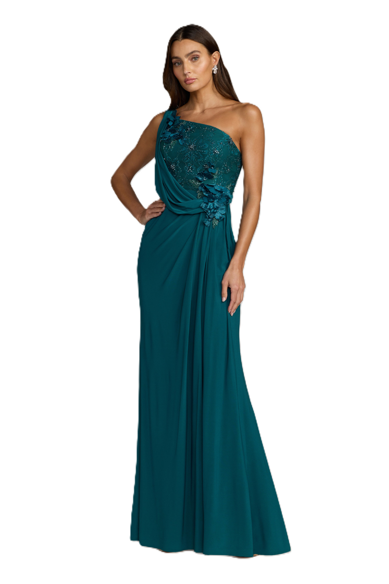 13210 - Teal One Shoulder Draped Jersey Gown With 3D Flowers by Mac Duggal in green color for women in Singapore