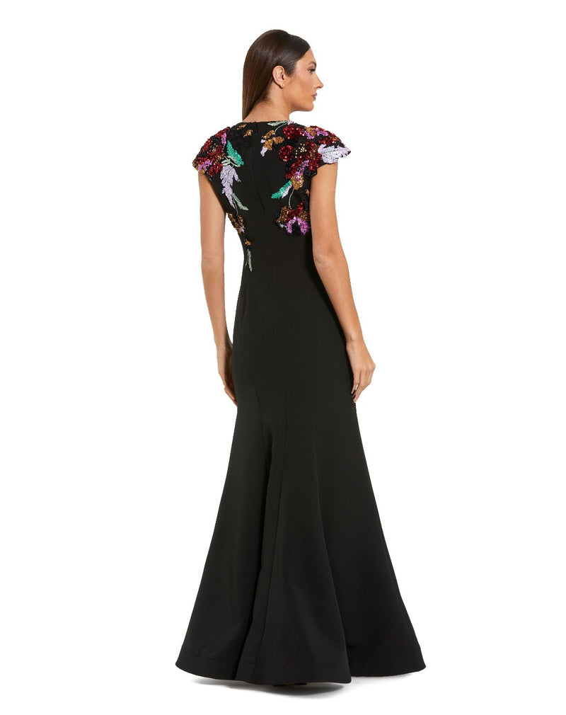 13211 - Black Floral Sequin Embellished Trumpet Gown by Mac Duggal in black color for women in Singapore