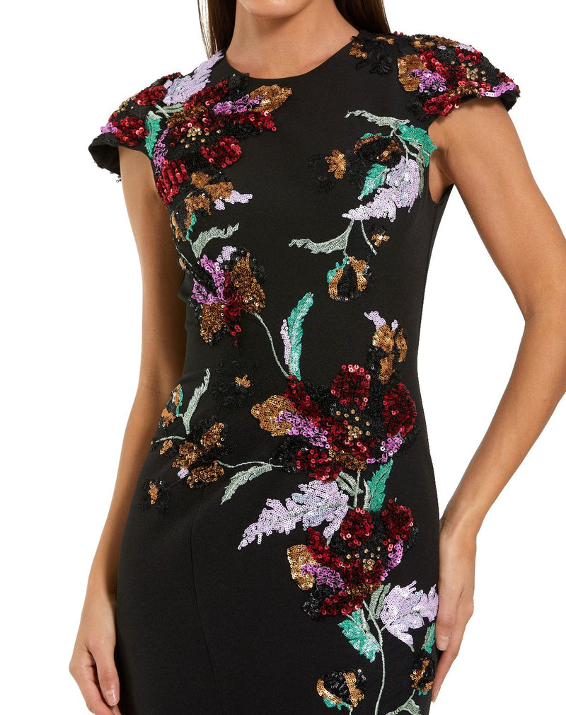 13211 - Black Floral Sequin Embellished Trumpet Gown by Mac Duggal in black color for women in Singapore
