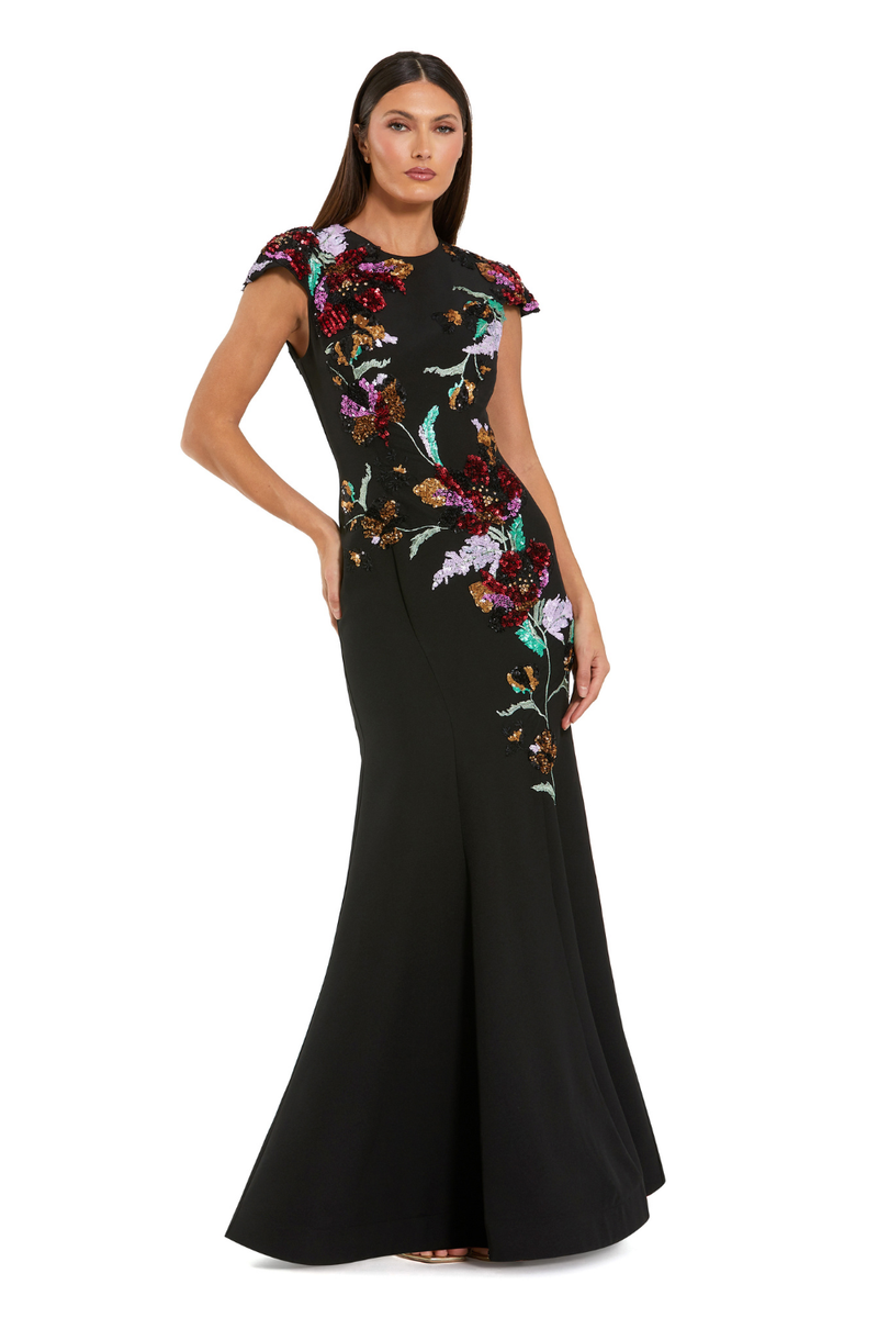 13211 - Black Floral Sequin Embellished Trumpet Gown by Mac Duggal in black color for women in Singapore