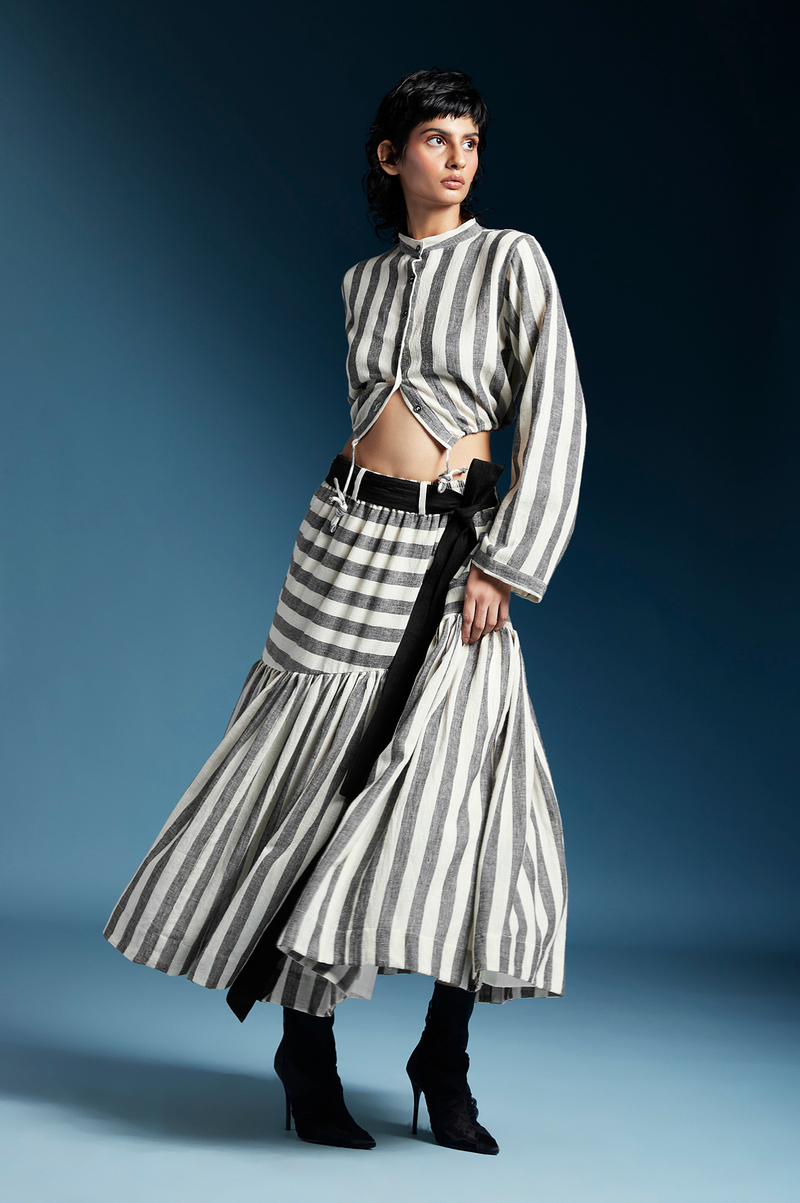 Reese Skirt-Bw Awning Stripes cotton by Chola for women in Singapore