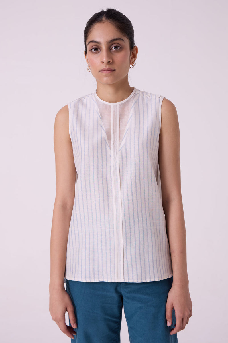 Sora Striped Handwoven Top handwoven chanderi & handwoven cotton top/shirt by The Summer House in off white for women in Singapore
