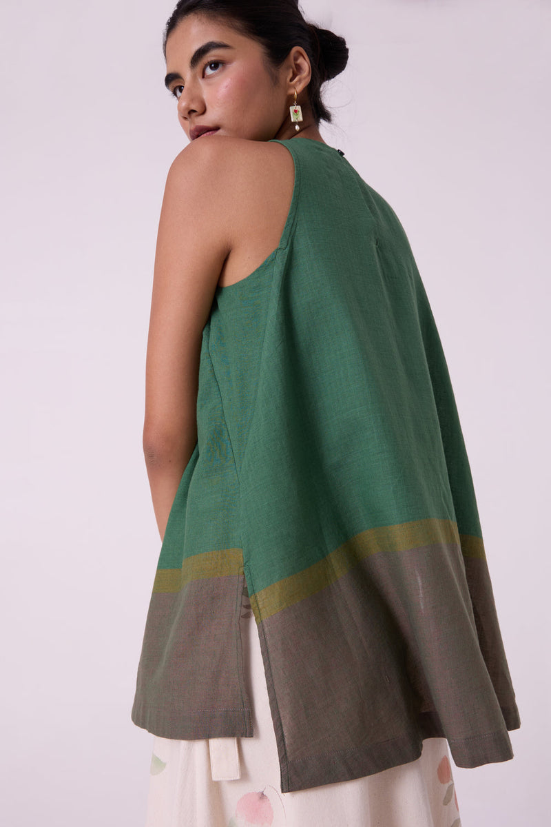 Margo Green Colourblocked Handwoven Top handwoven cotton top/shirt by The Summer House in green for women in Singapore