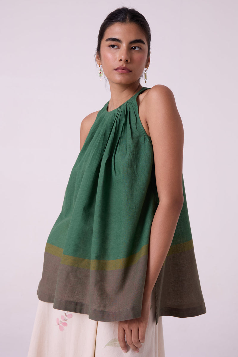 Margo Green Colourblocked Handwoven Top handwoven cotton top/shirt by The Summer House in green for women in Singapore