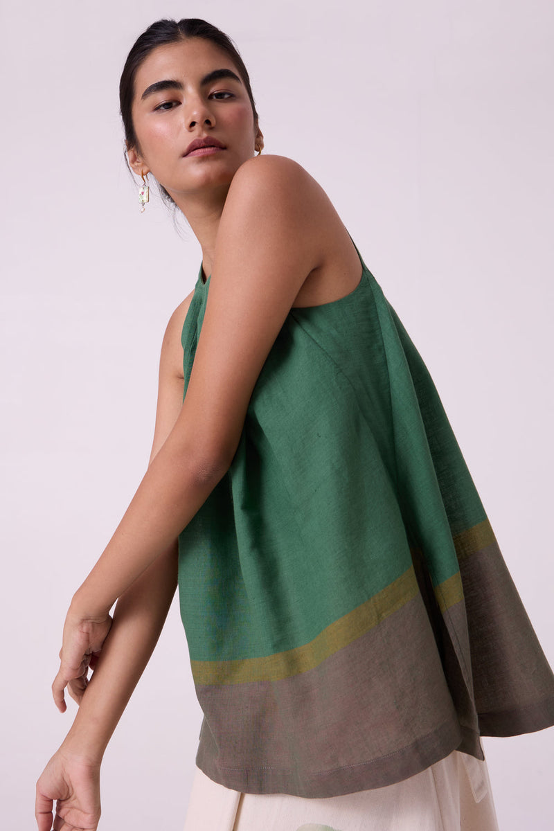 Margo Green Colourblocked Handwoven Top handwoven cotton top/shirt by The Summer House in green for women in Singapore