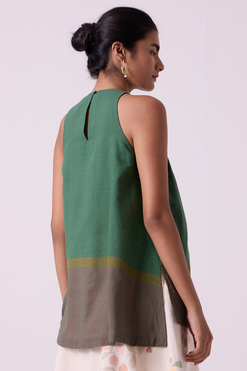 Margo Green Colourblocked Handwoven Top handwoven cotton top/shirt by The Summer House in green for women in Singapore