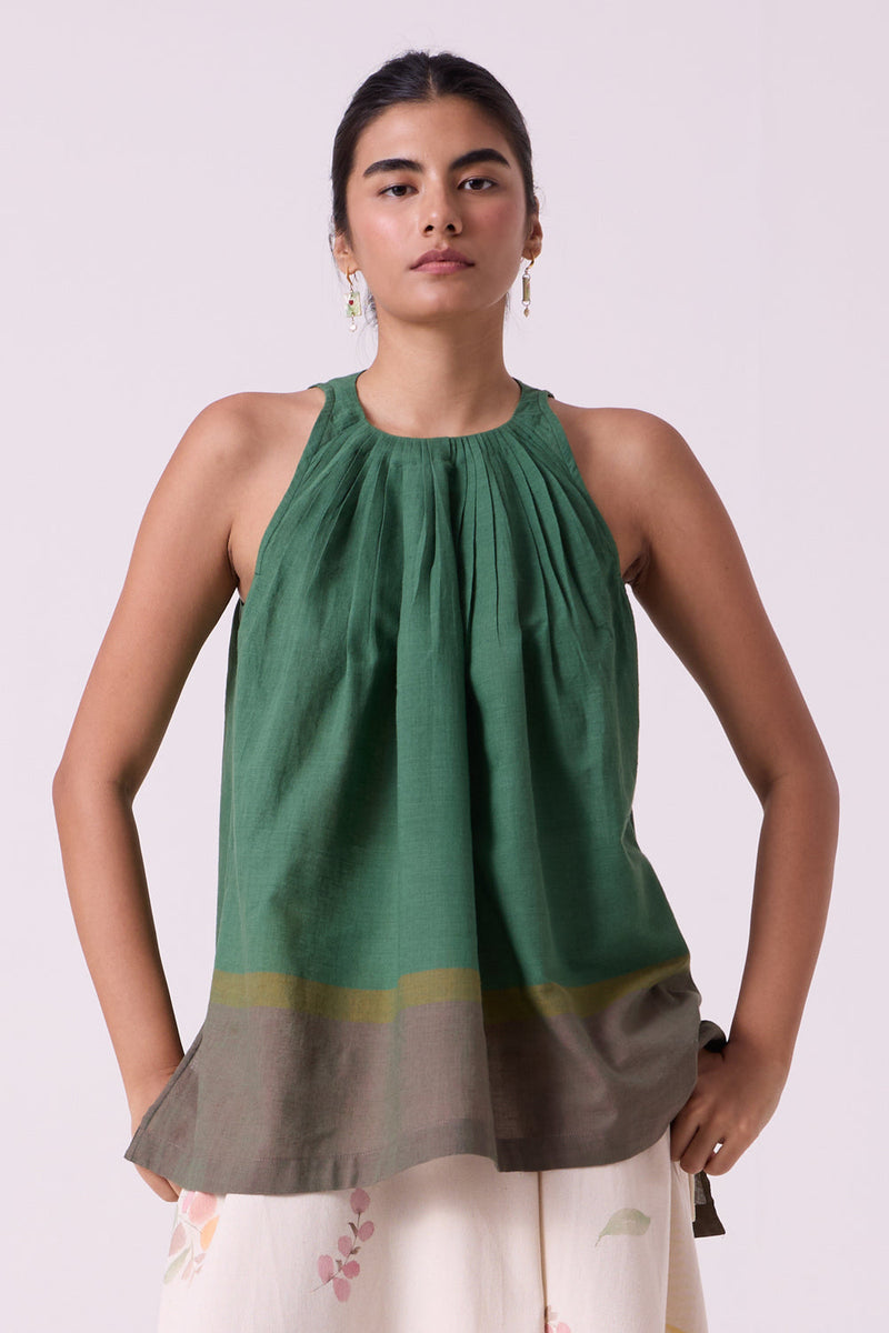 Margo Green Colourblocked Handwoven Top handwoven cotton top/shirt by The Summer House in green for women in Singapore