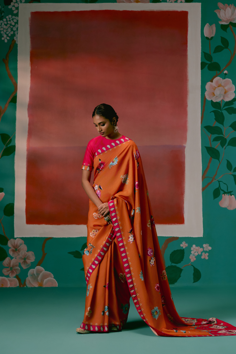 Tangerine & Fuschia Floral Saree Buy Tangerine & Fuschia Floral Saree from C&W | Saree for Women by Label Mogra for women in Singapore