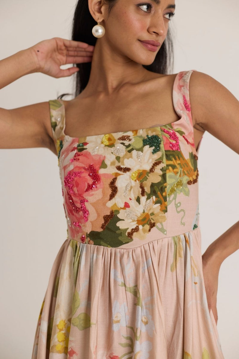 HAZEL EMBROIDERED DRESS satin by Yam in pink color for women in Singapore