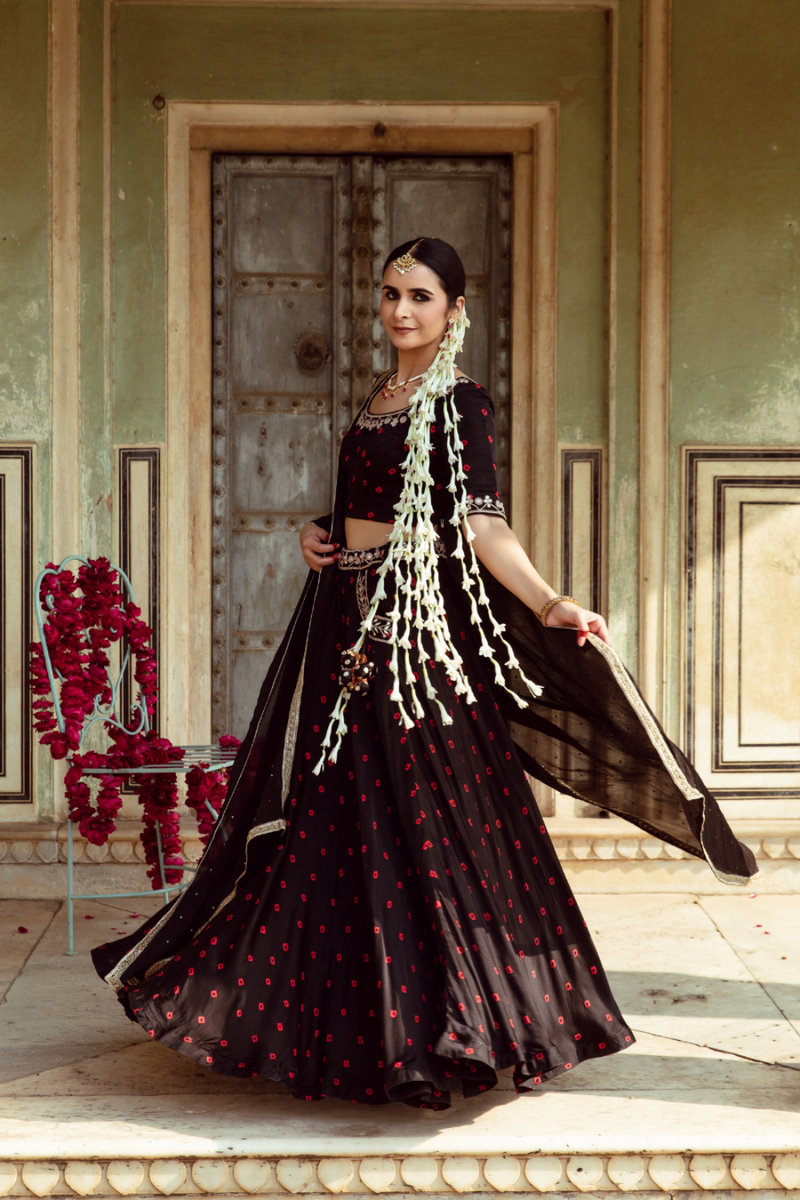 Black & Red Bandhej Print Lehenga Set satin Buy Black & Red Bandhej Print Lehenga Set from C&W | Lehenga Sets for Women by Maison Shefali in multi color for women in Singapore