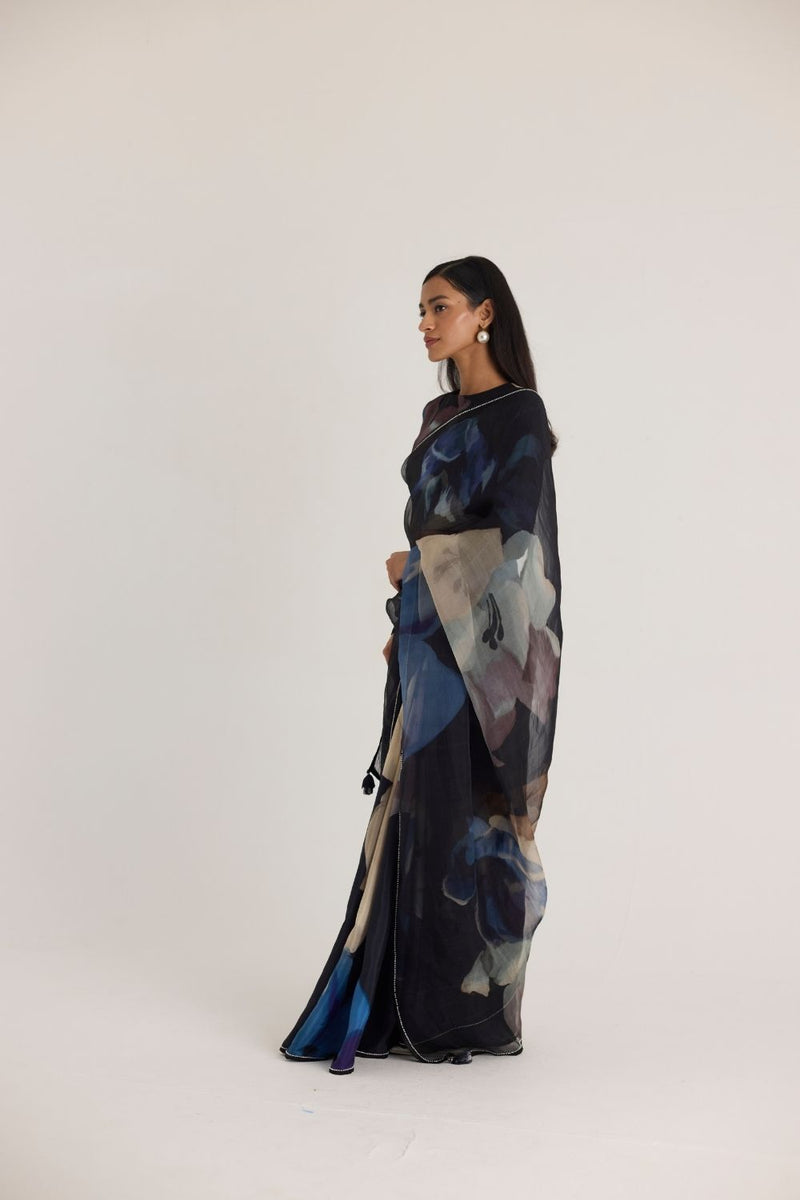 ROCCO HALF SILK & HALF ORGANZA SAREE organza by Yam in black color for women in Singapore
