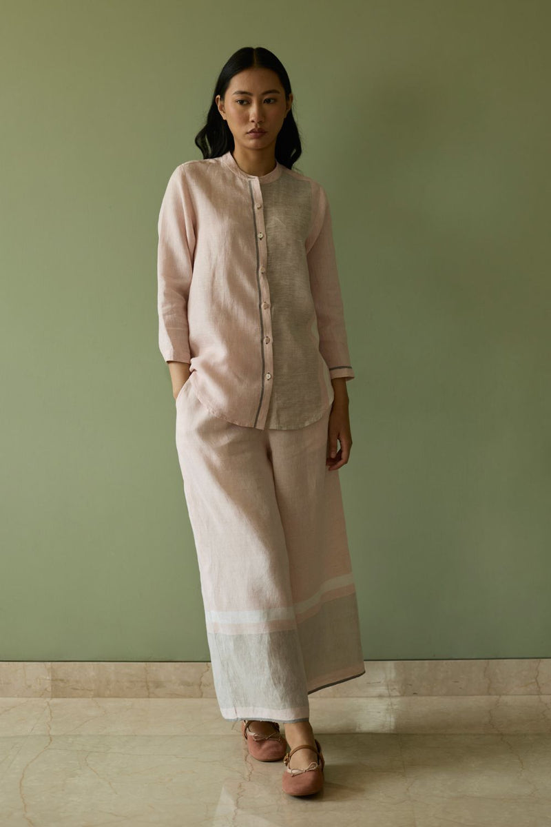 Aline Border Linen Co-ord Set-Blush linen by Manan in blush color for women in Singapore