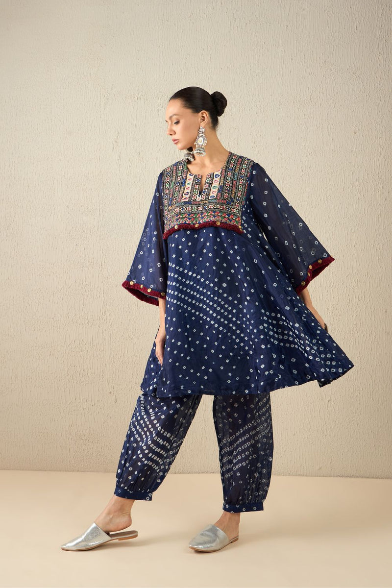 AFGHANI BANDHANI SET - Navy Blue silk by Aavidi in yellow color for women in Singapore