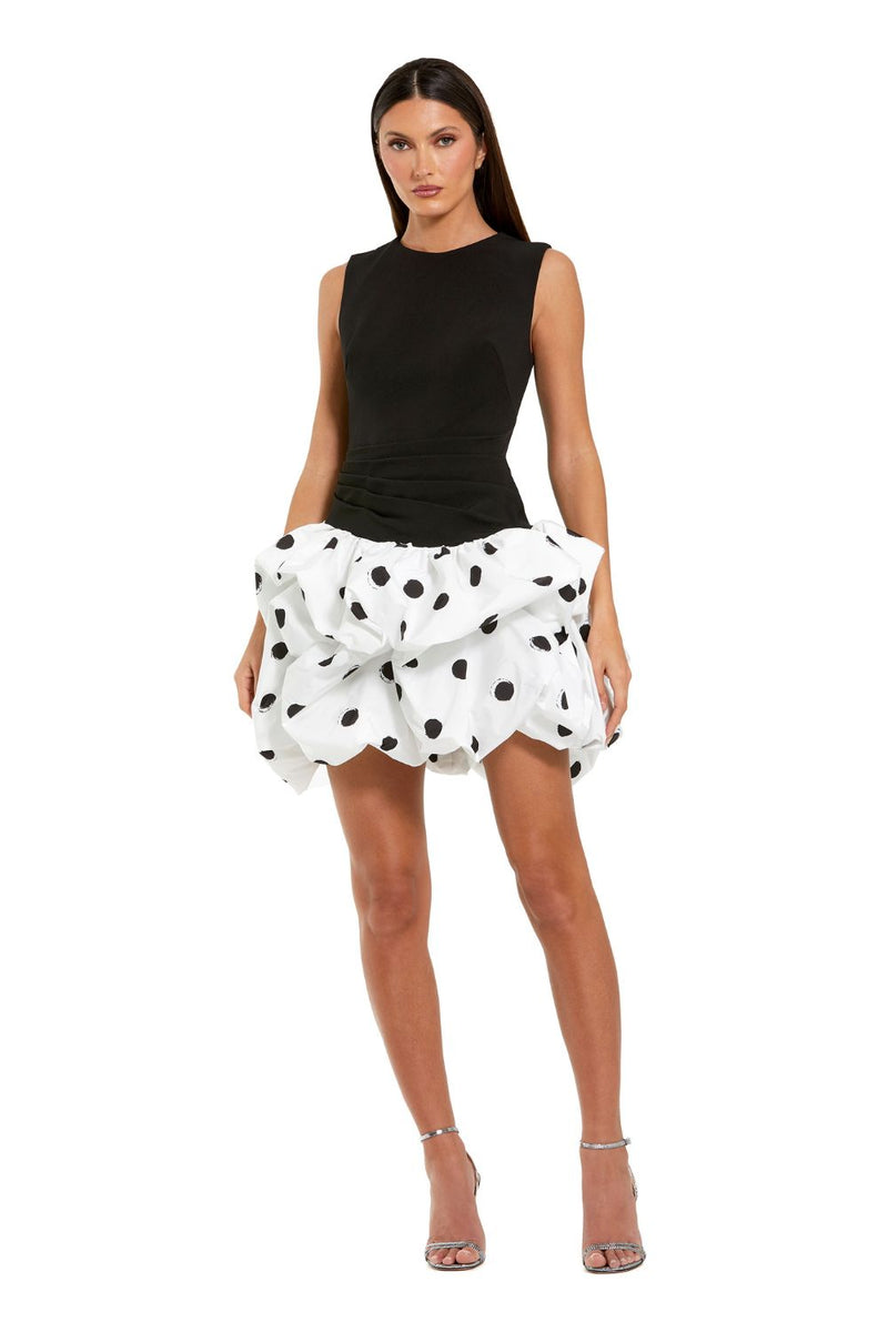 21150-Black and White Polka Dot Bubble Skirt Mini Dress by Mac Duggal in black color for women in Singapore