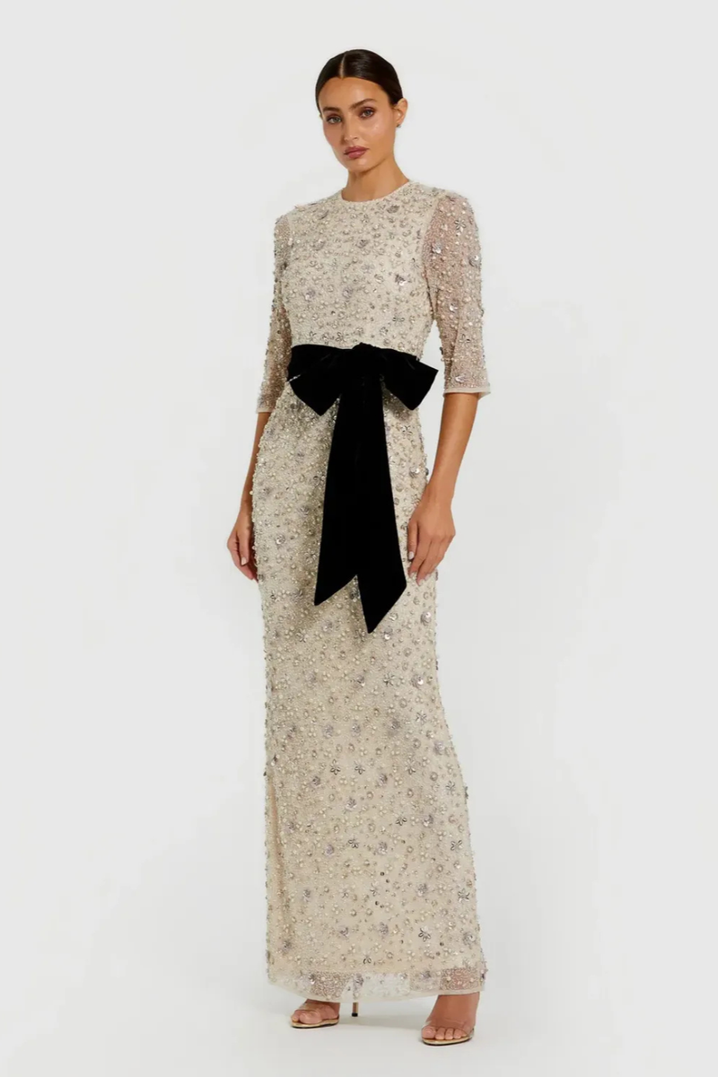 Ivory Embellished Evening Gown with Velvet Bow by Mac Duggal in white color for women in Singapore