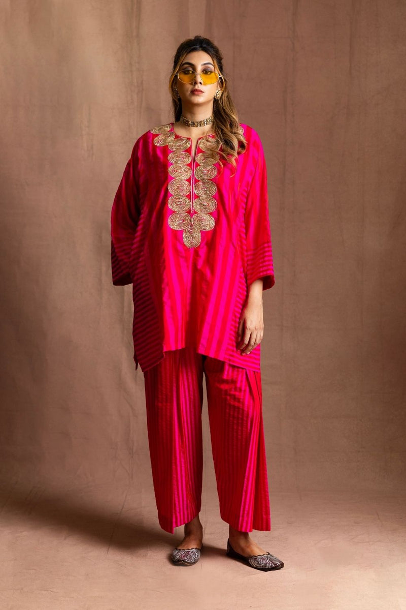 Silk Striped Farshi-Pink & Red Stripes Pure Silk Kurta Set Sabo by Sabina — Canvas & Weaves Singapore