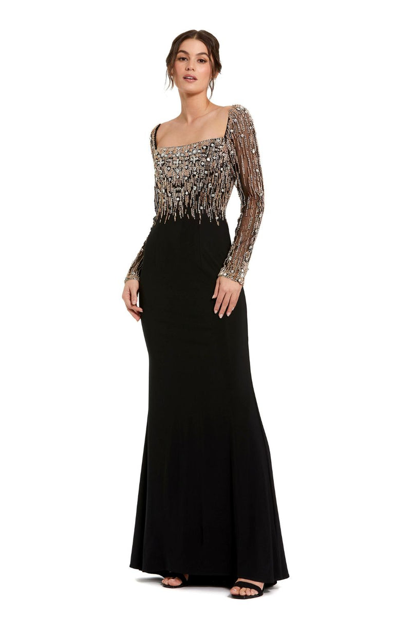 2256-Beaded Square Neck Long Sleeve Jersey Gown by Mac Duggal in black color for women in Singapore