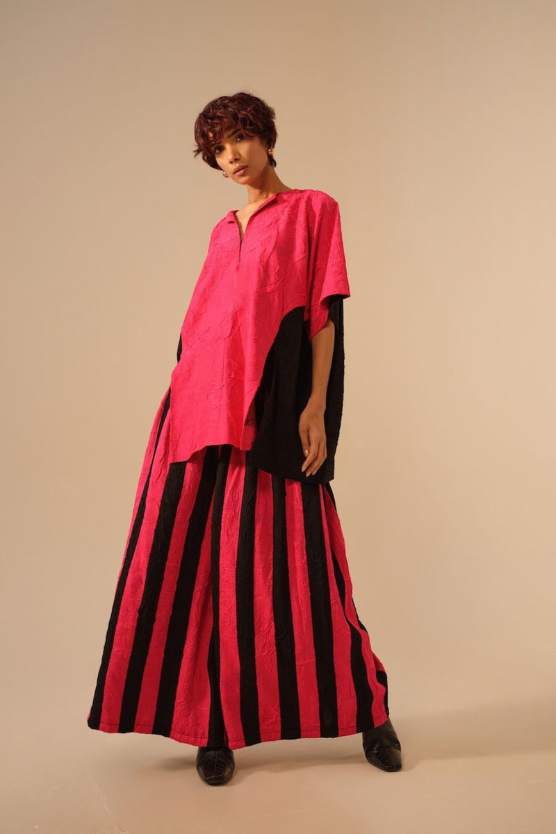 Twin Pants-Pink + Black crushed silk pants/trousers by Stoique in pink, black for women in Singapore
