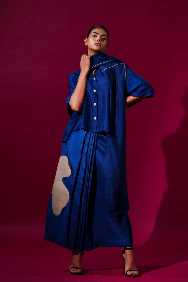 Flamingo app skirt-Blue + Grey upada silk skirts by Stoique in blue, grey for women in Singapore