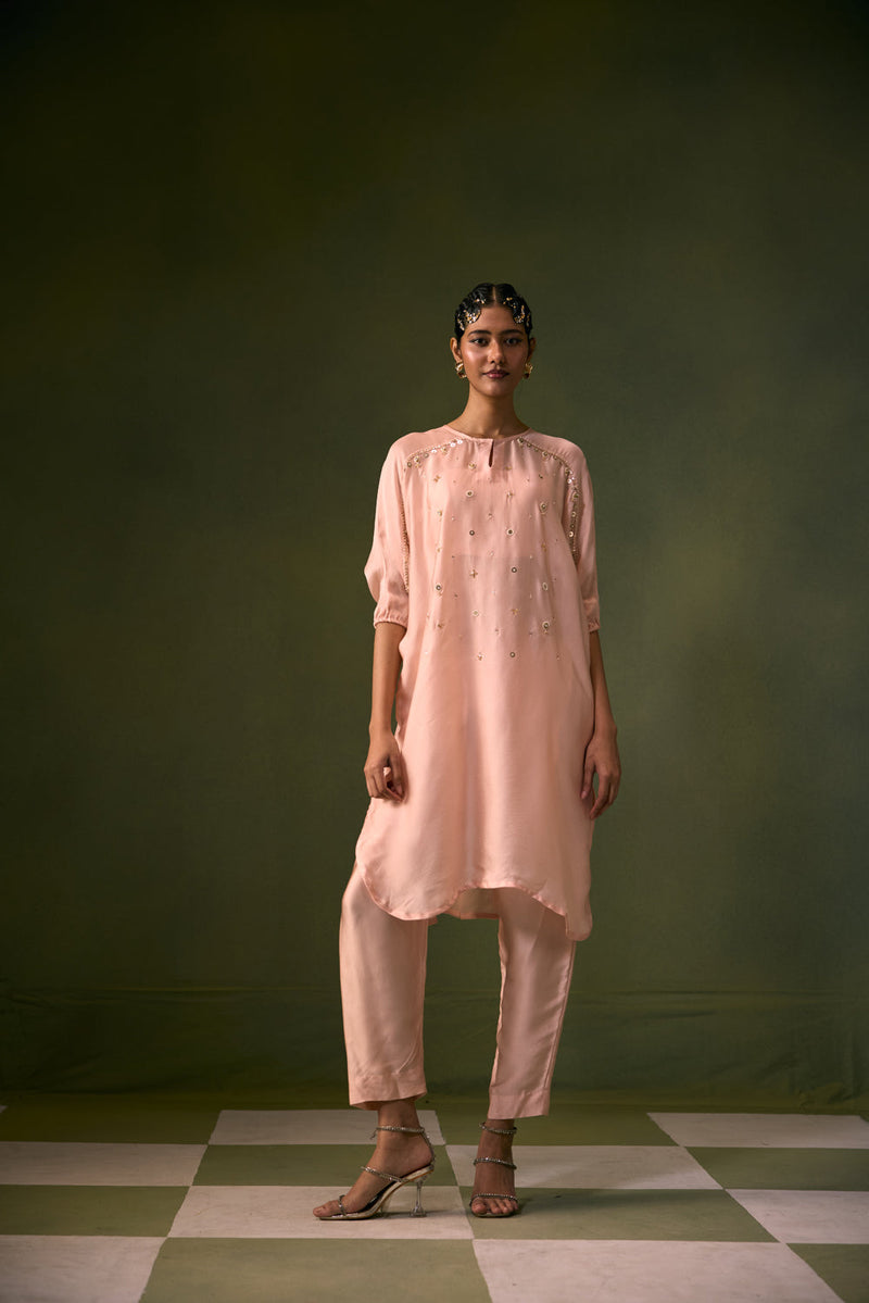 Acove Tea Rose Antifit Kurta Set vegan satin, organza satin kurta/kurta set by PRAHNAAYA in pink for women in Singapore