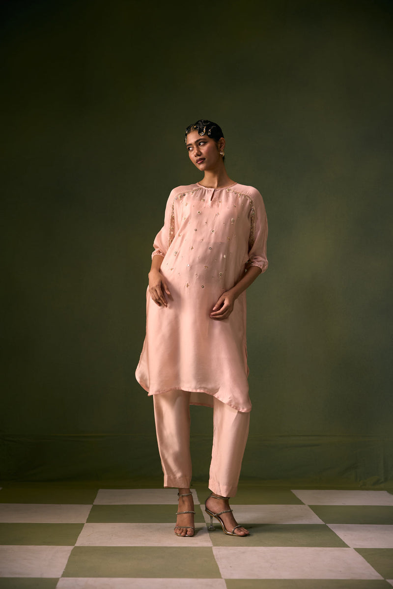 Acove Tea Rose Antifit Kurta Set vegan satin, organza satin kurta/kurta set by PRAHNAAYA in pink for women in Singapore