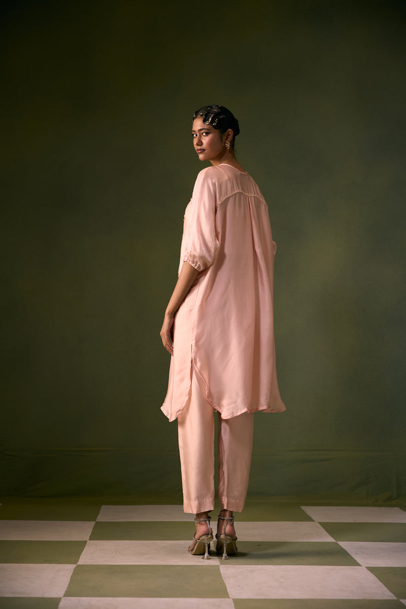 Acove Tea Rose Antifit Kurta Set vegan satin, organza satin kurta/kurta set by PRAHNAAYA in pink for women in Singapore