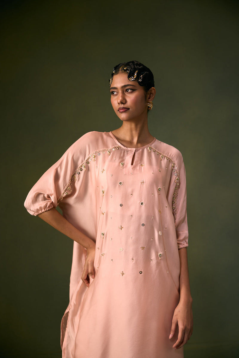 Acove Tea Rose Antifit Kurta Set vegan satin, organza satin kurta/kurta set by PRAHNAAYA in pink for women in Singapore