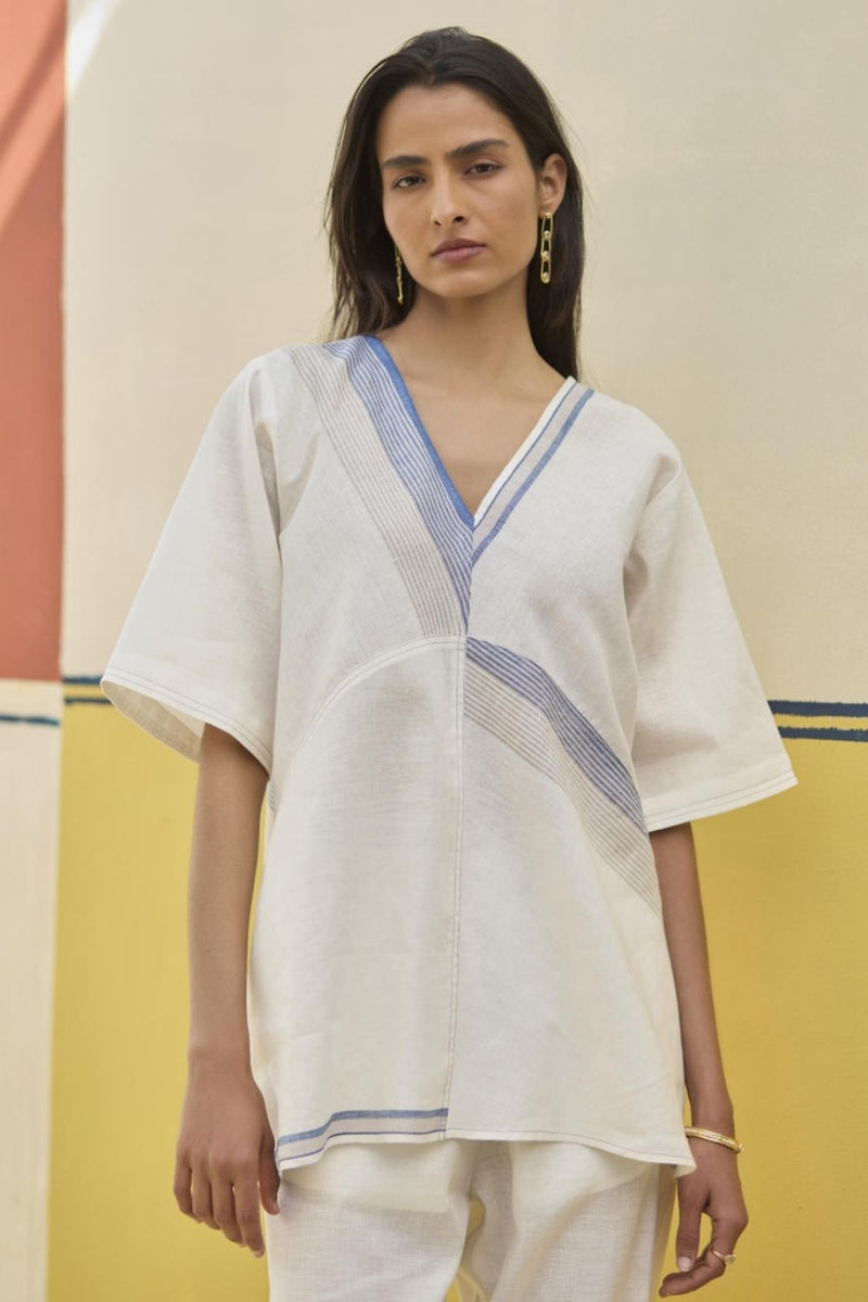 Moriko Border Linen Top - Ivory linen by Manan in ivory color for women in Singapore