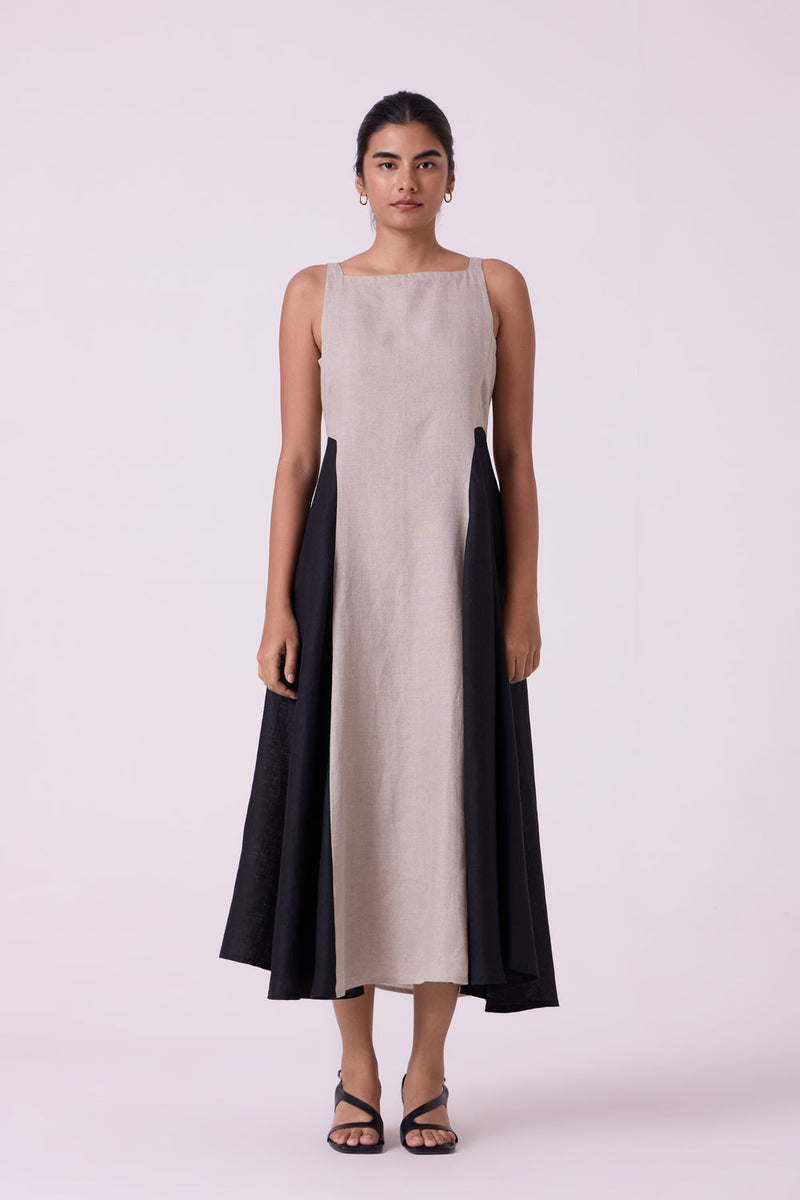 Weasley Beige Linen Panelled Midi Dress linen dress by The Summer House in beige for women in Singapore